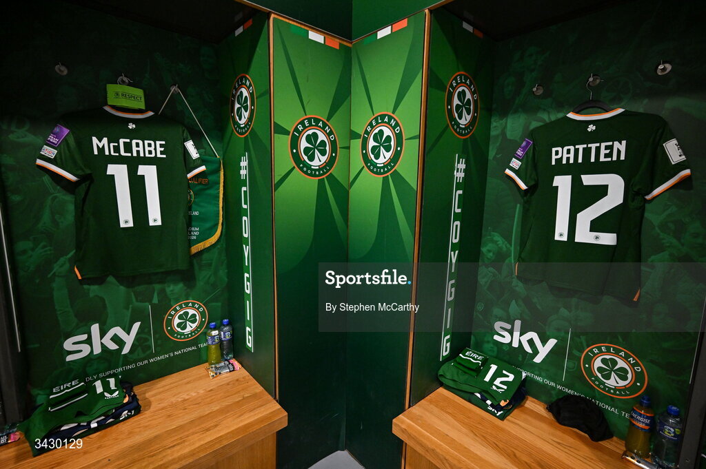 18 April 2026; The jerseys of Katie McCabe, left, and Anna Patten hang in the Republic of Ireland dressing room before the 2027 FIFA Women’s World Cup Qualifier match between Republic of Ireland and Poland at the Aviva Stadium in Dublin. Photo by Stephen McCarthy/Sportsfile