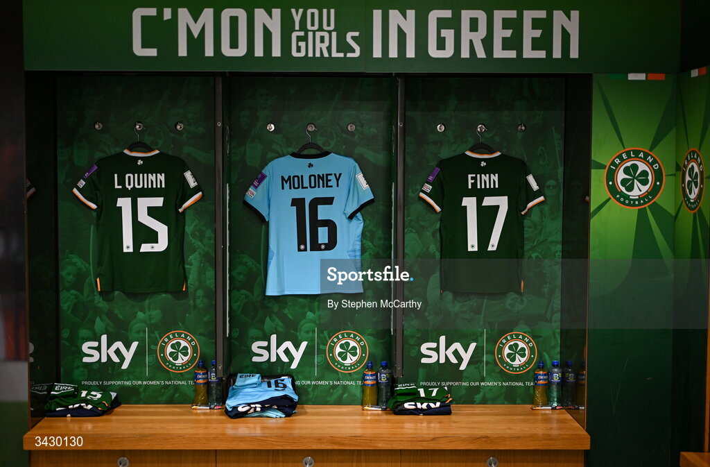 18 April 2026; The jerseys of, from left, Lucy Quinn, goalkepeer Grace Moloney and Jamie Finn hang in the Republic of Ireland dressing room before the 2027 FIFA Women’s World Cup Qualifier match between Republic of Ireland and Poland at the Aviva Stadium in Dublin. Photo by Stephen McCarthy/Sportsfile