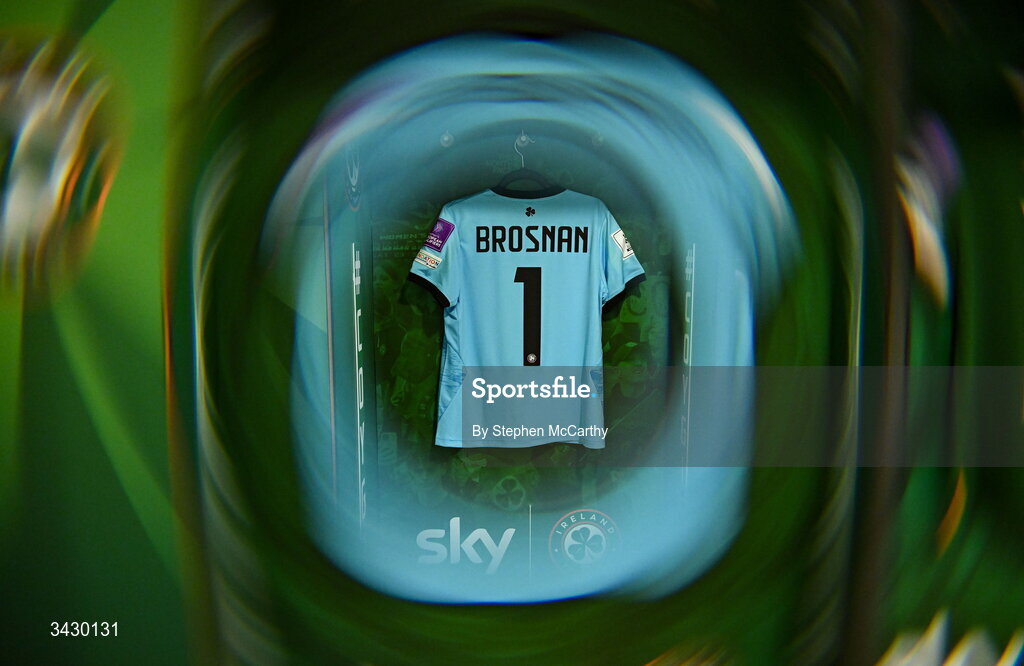 18 April 2026; (EDITOR'S NOTE; This image was created using a special effects camera filter) The jersey of goalkeeper Courtney Brosnan hangs in the Republic of Ireland dressing room before the 2027 FIFA Women’s World Cup Qualifier match between Republic of Ireland and Poland at the Aviva Stadium in Dublin. Photo by Stephen McCarthy/Sportsfile