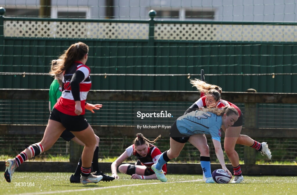 18 April 2026; Saoirse Lawley of Galwegians scores her side's first try during the Energia Women's All-Ireland League Conference final between Galwegians RFC and Wicklow RFC at Mullingar RFC in Mullingar, Westmeath. Photo by Michael P Ryan/Sportsfile