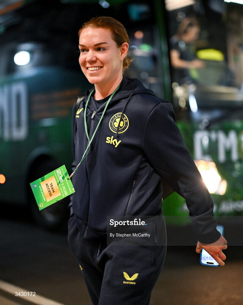 18 April 2026; Aoife Mannion of Republic of Ireland arrives before the 2027 FIFA Women’s World Cup Qualifier match between Republic of Ireland and Poland at the Aviva Stadium in Dublin. Photo by Stephen McCarthy/Sportsfile
