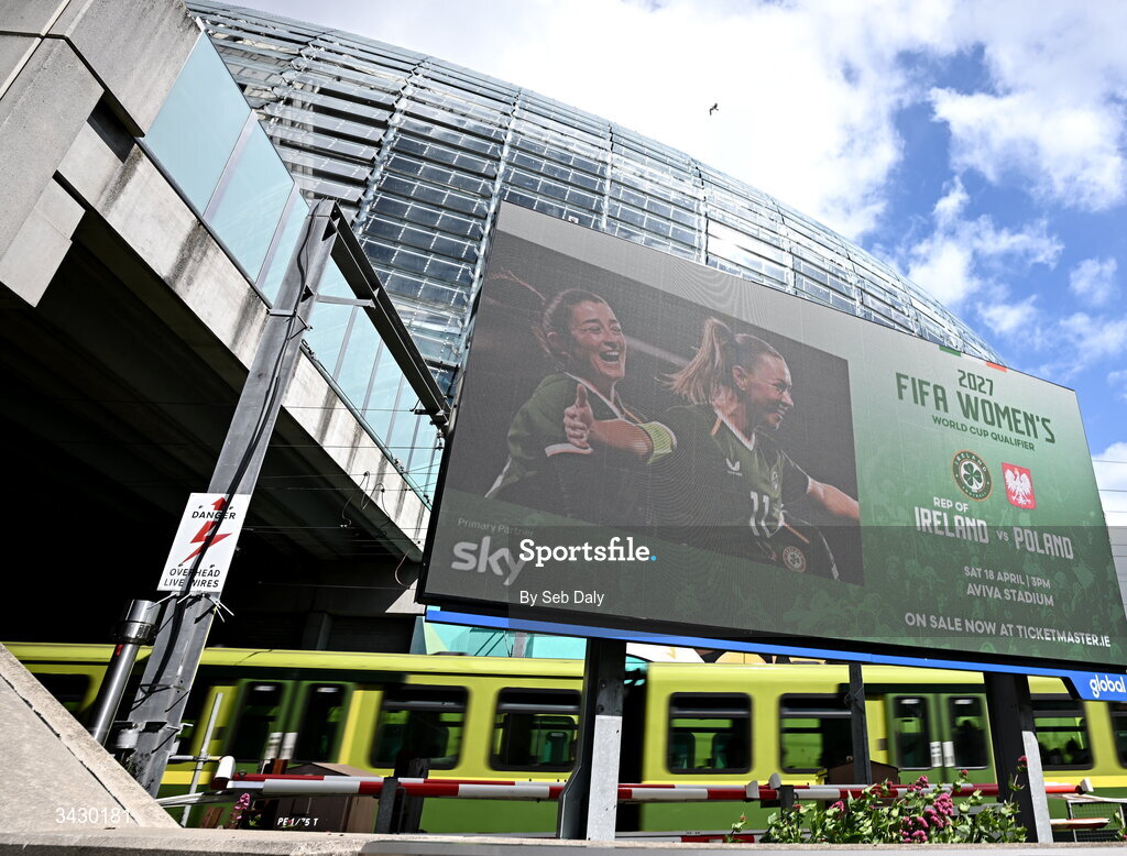 18 April 2026; A general view outsidide the stadium before the 2027 FIFA Women’s World Cup Qualifier match between Republic of Ireland and Poland at the Aviva Stadium in Dublin. Photo by Seb Daly/Sportsfile