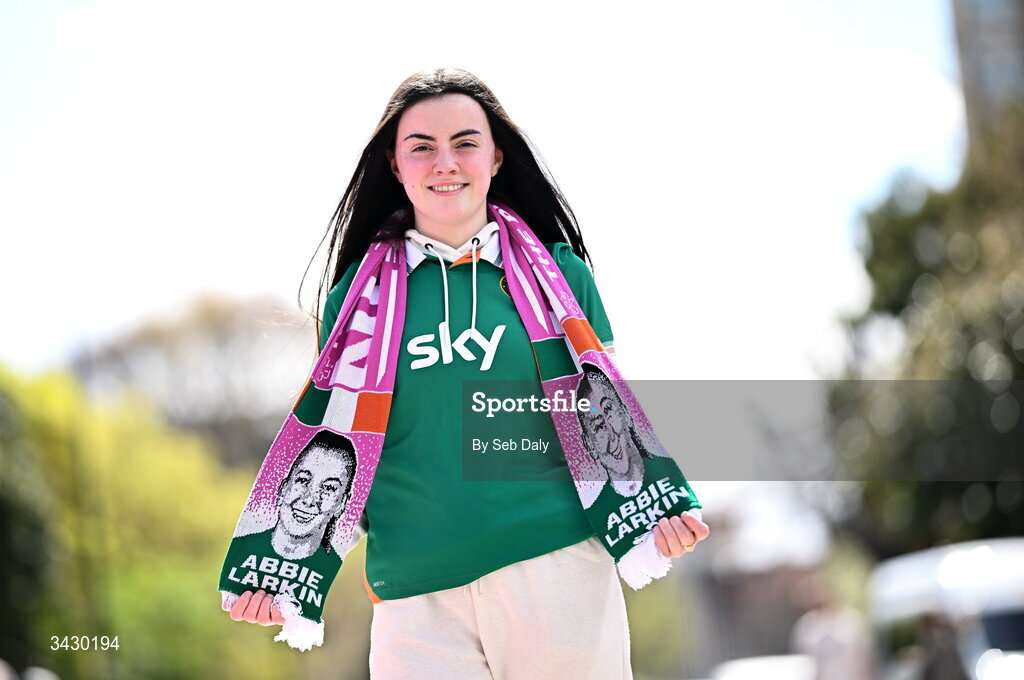 18 April 2026; Republic of Ireland supporter Sophie O'Boyle from Sligo before the 2027 FIFA Women’s World Cup Qualifier match between Republic of Ireland and Poland at the Aviva Stadium in Dublin. Photo by Seb Daly/Sportsfile