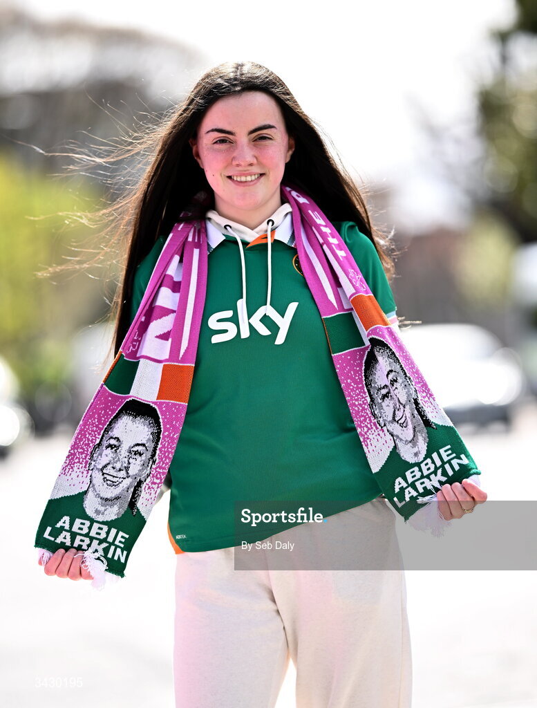 18 April 2026; Republic of Ireland supporter Sophie O'Boyle from Sligo before the 2027 FIFA Women’s World Cup Qualifier match between Republic of Ireland and Poland at the Aviva Stadium in Dublin. Photo by Seb Daly/Sportsfile