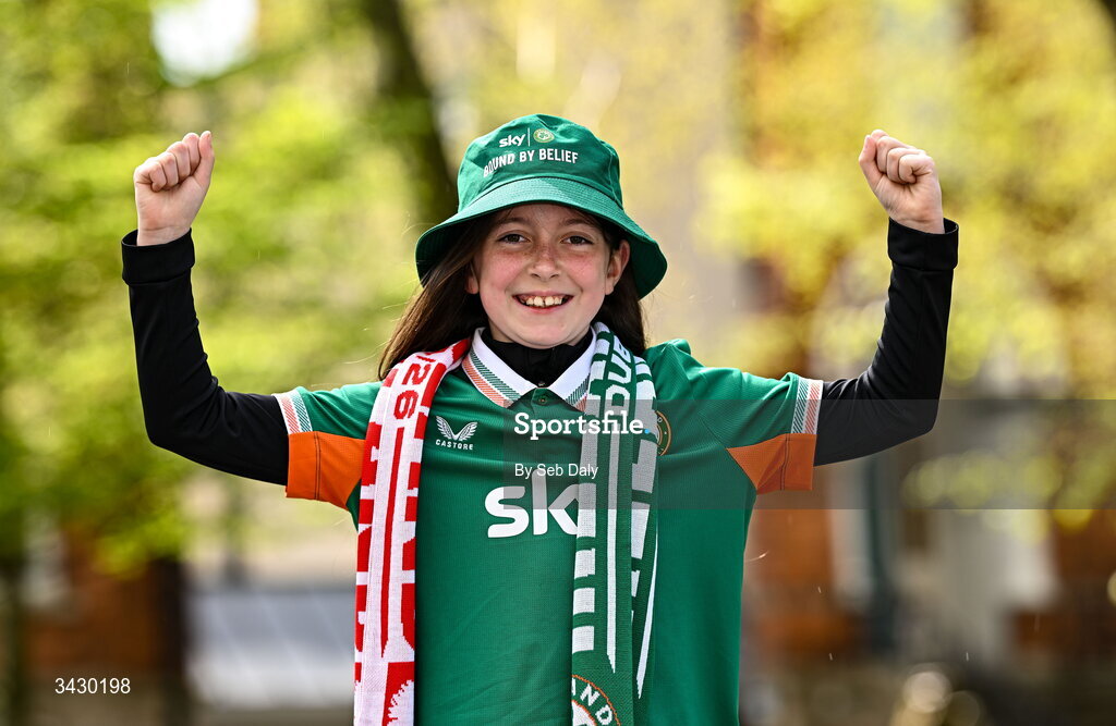 18 April 2026; Republic of Ireland supporter Holly Sexton from Thomastown, Kilkenny, before the 2027 FIFA Women’s World Cup Qualifier match between Republic of Ireland and Poland at the Aviva Stadium in Dublin. Photo by Seb Daly/Sportsfile
