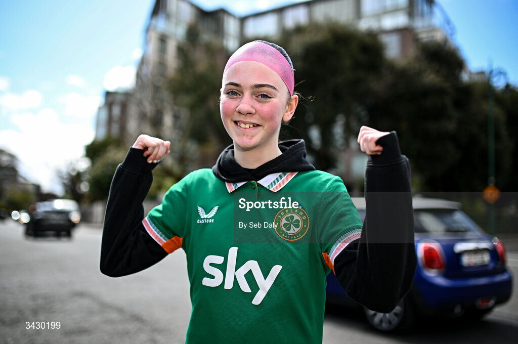 18 April 2026; Republic of Ireland supporter Kaylen Divers, from Sligo, before the 2027 FIFA Women’s World Cup Qualifier match between Republic of Ireland and Poland at the Aviva Stadium in Dublin. Photo by Seb Daly/Sportsfile