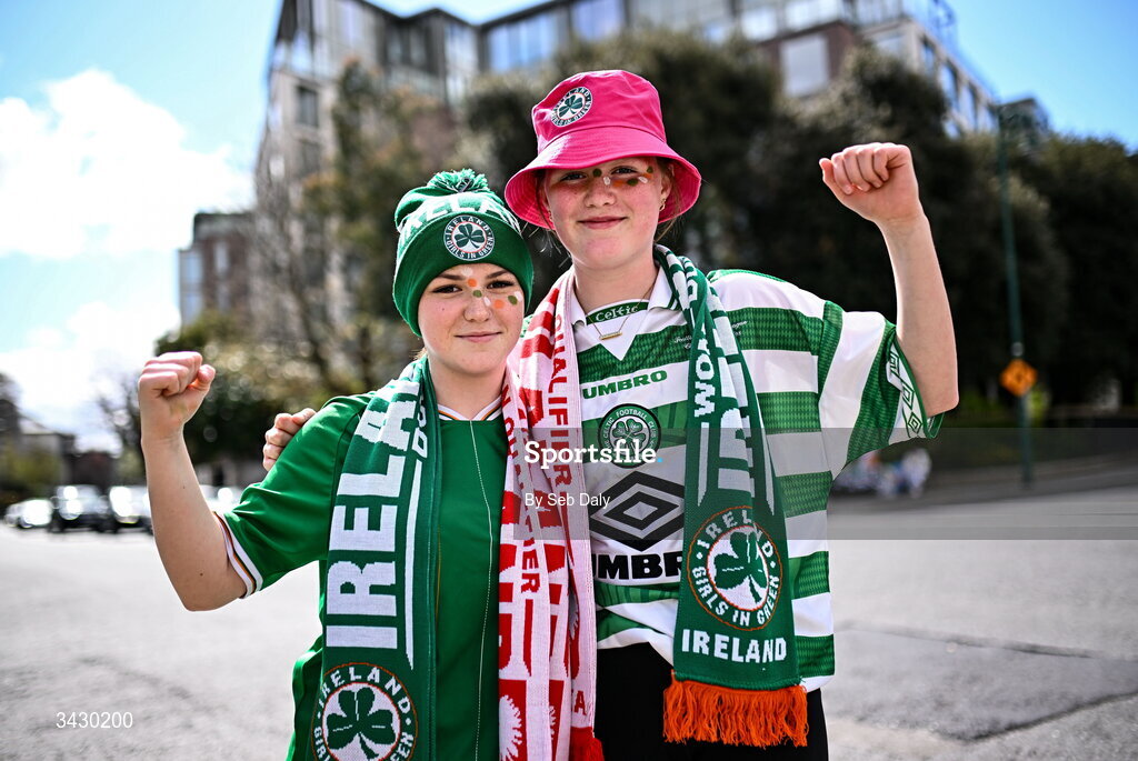 18 April 2026; Republic of Ireland supporters Eva-lee Sullivan, from Dungarven, Waterford, left, and Aoibhin Stuart from Carrick-on-Suir, Tipperary, before the 2027 FIFA Women’s World Cup Qualifier match between Republic of Ireland and Poland at the Aviva Stadium in Dublin. Photo by Seb Daly/Sportsfile