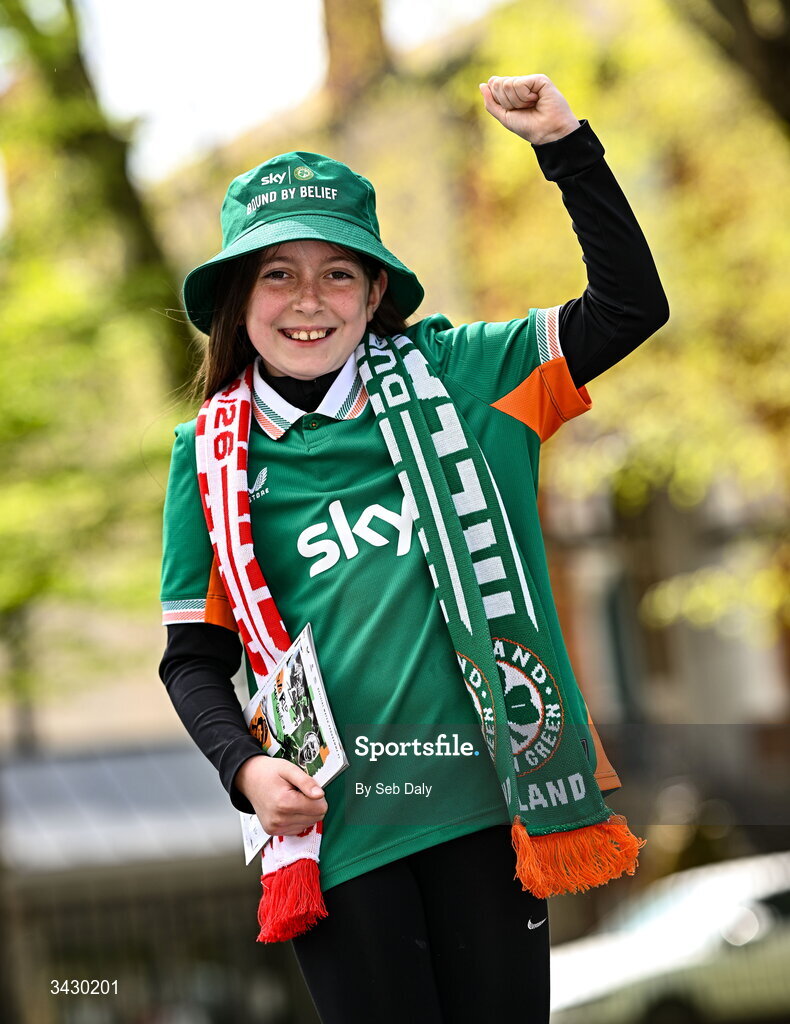 18 April 2026; Republic of Ireland supporter Kaylen Divers, from Sligo, before the 2027 FIFA Women’s World Cup Qualifier match between Republic of Ireland and Poland at the Aviva Stadium in Dublin. Photo by Seb Daly/Sportsfile