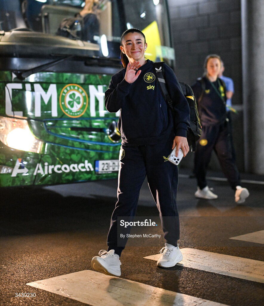 18 April 2026; Marissa Sheva of Republic of Ireland arrives before the 2027 FIFA Women’s World Cup Qualifier match between Republic of Ireland and Poland at the Aviva Stadium in Dublin. Photo by Stephen McCarthy/Sportsfile