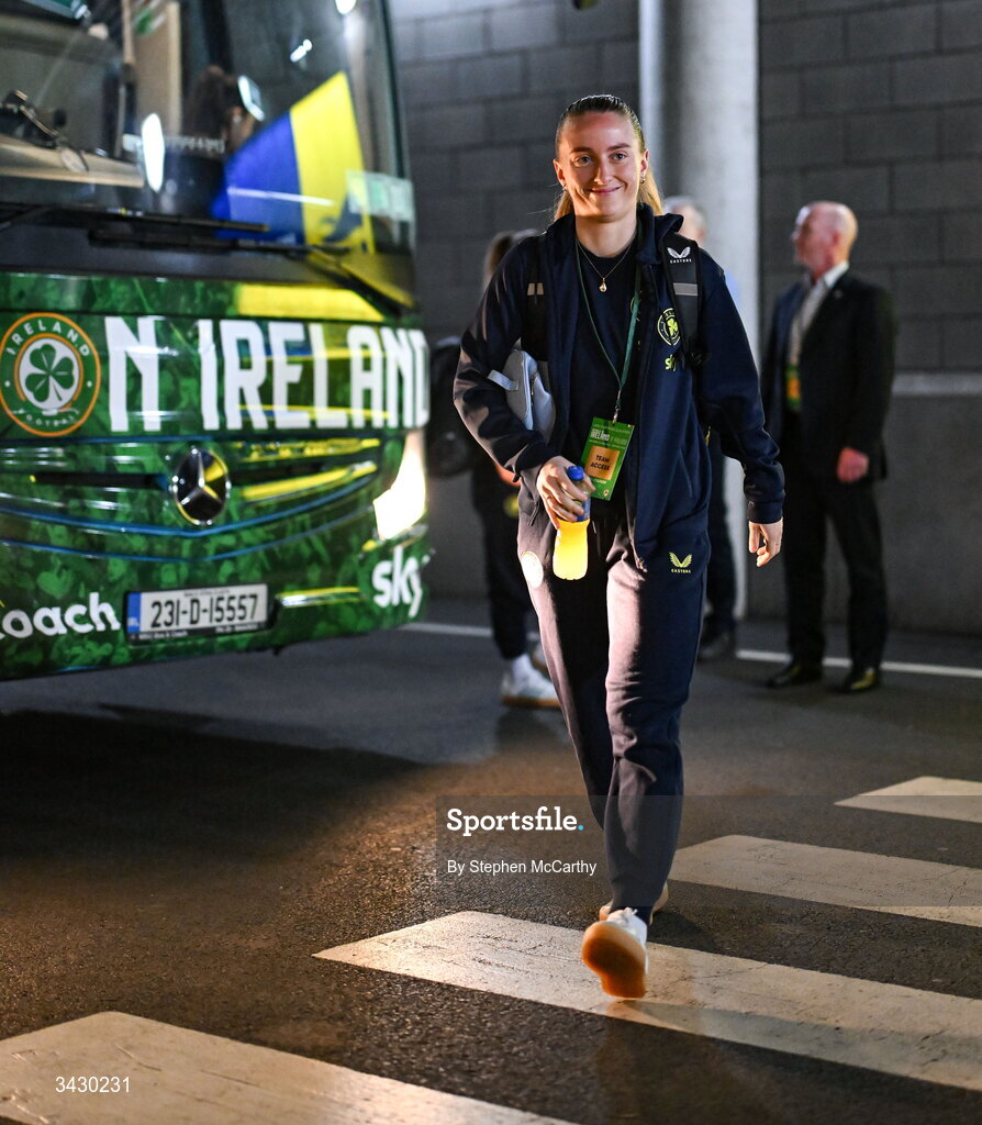 18 April 2026; Aoibheann Clancy of Republic of Ireland arrives before the 2027 FIFA Women’s World Cup Qualifier match between Republic of Ireland and Poland at the Aviva Stadium in Dublin. Photo by Stephen McCarthy/Sportsfile