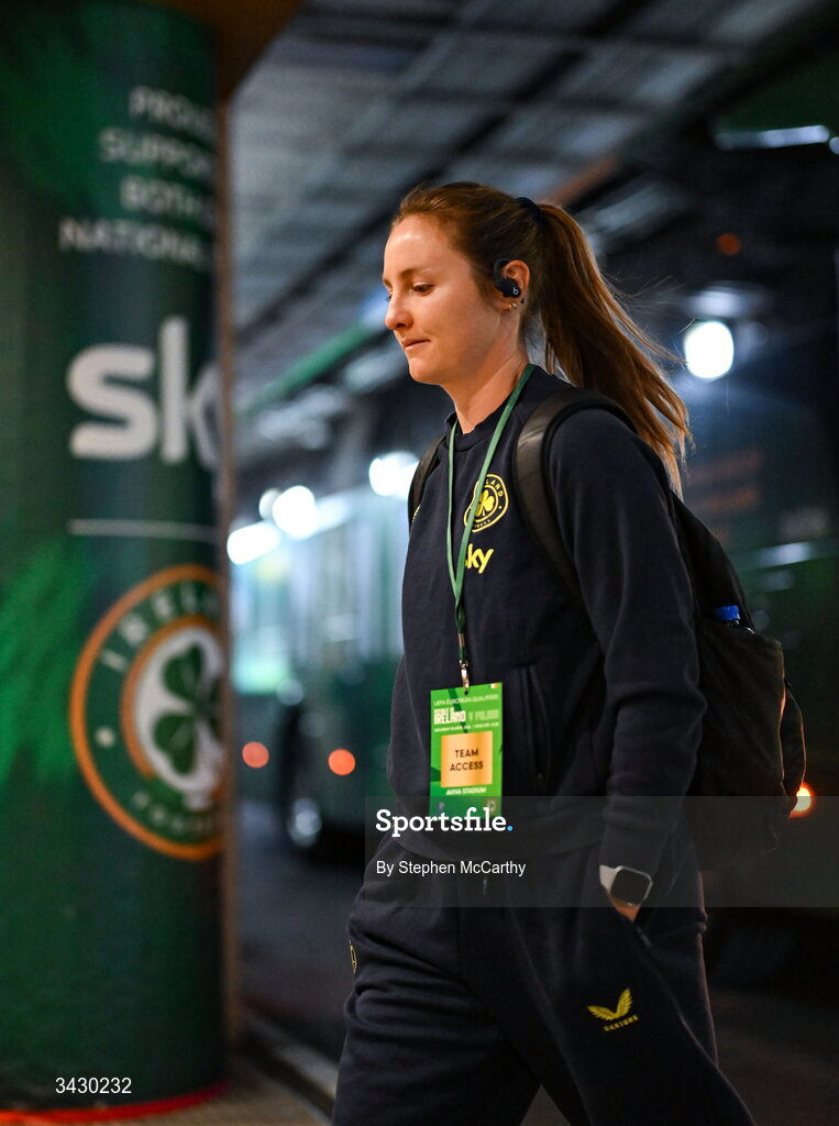 18 April 2026; Kyra Carusa of Republic of Ireland before the 2027 FIFA Women’s World Cup Qualifier match between Republic of Ireland and Poland at the Aviva Stadium in Dublin. Photo by Stephen McCarthy/Sportsfile