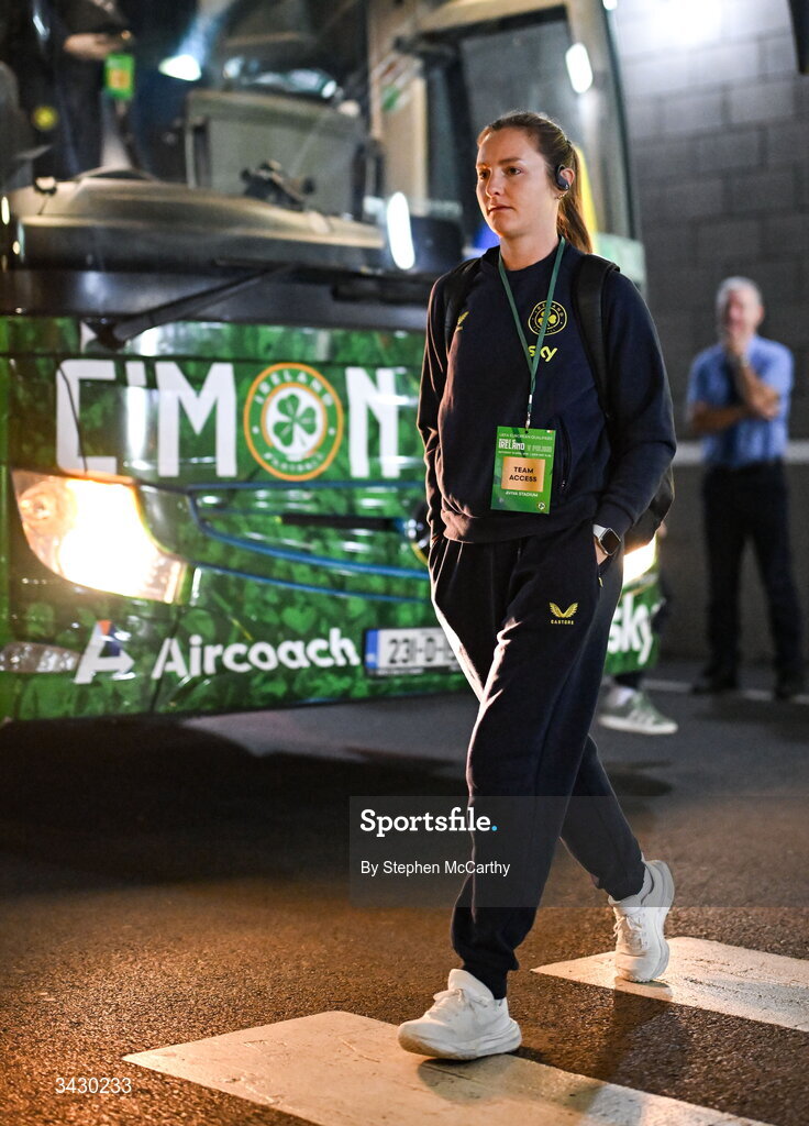18 April 2026; Kyra Carusa of Republic of Ireland before the 2027 FIFA Women’s World Cup Qualifier match between Republic of Ireland and Poland at the Aviva Stadium in Dublin. Photo by Stephen McCarthy/Sportsfile
