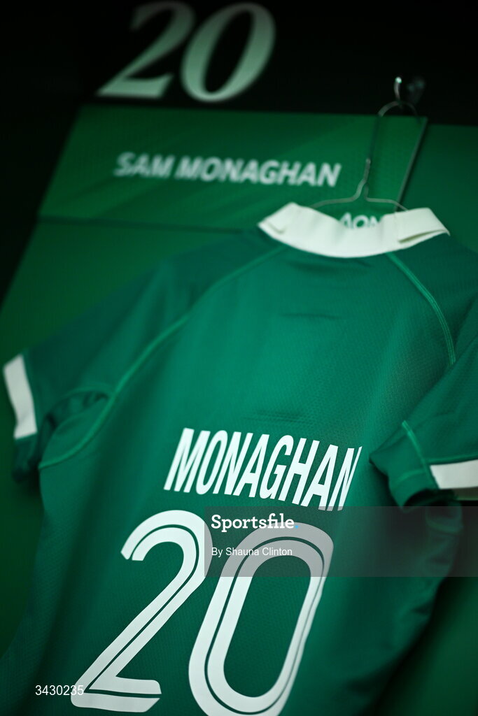 18 April 2026; The jersey of Sam Monaghan of Ireland is seen hanging in the dressing-room ahead of the Women's Six Nations Rugby Championship match between Ireland and Italy at Dexcom Stadium in Galway. Photo by Shauna Clinton/Sportsfile