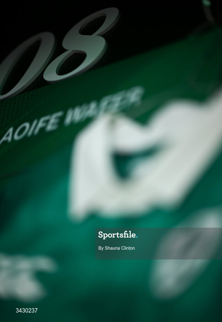 18 April 2026; The jersey of Aoife Wafer of Ireland is seen hanging in the dressing-room ahead of the Women's Six Nations Rugby Championship match between Ireland and Italy at Dexcom Stadium in Galway. Photo by Shauna Clinton/Sportsfile