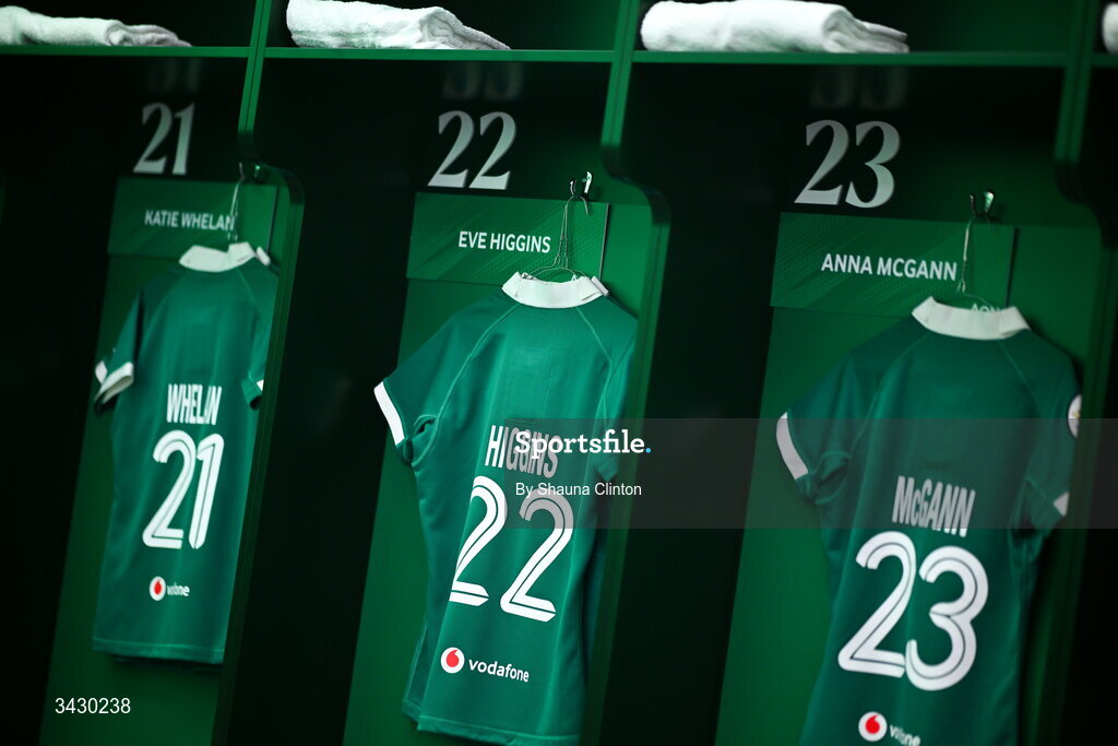 18 April 2026; The jerseys of Ireland players, from left, Katie Whelan, Eve Higgins and Anna McGann are seen hanging in the dressing-room ahead of the Women's Six Nations Rugby Championship match between Ireland and Italy at Dexcom Stadium in Galway. Photo by Shauna Clinton/Sportsfile