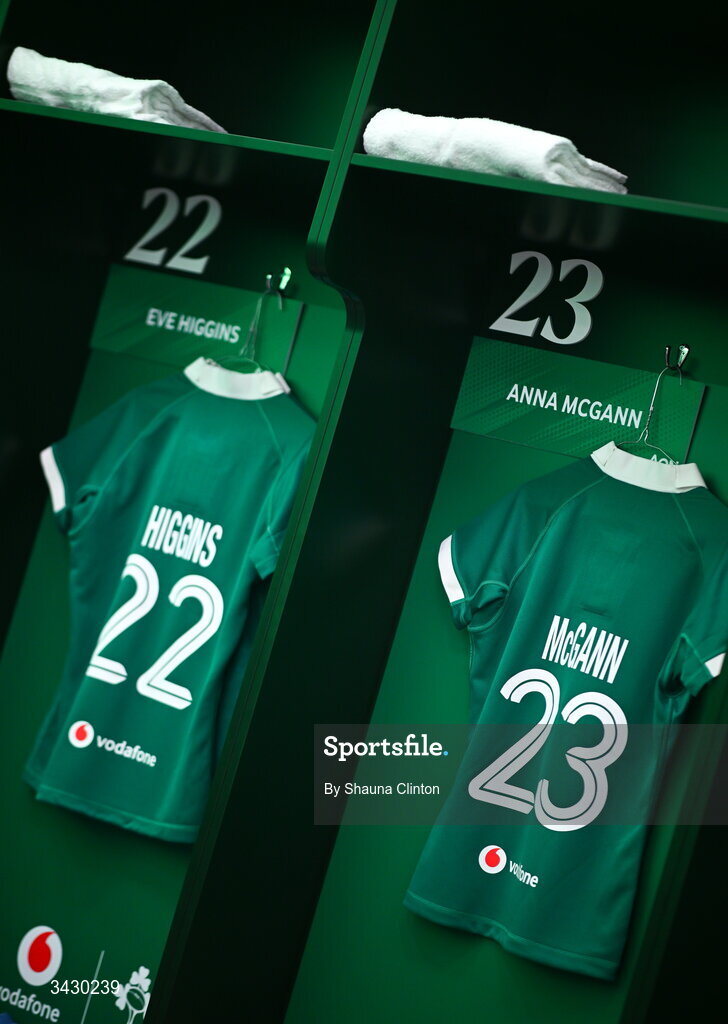 18 April 2026; The jerseys of Ireland players Eve Higgins, left, and Anna McGann are seen hanging in the dressing-room ahead of the Women's Six Nations Rugby Championship match between Ireland and Italy at Dexcom Stadium in Galway. Photo by Shauna Clinton/Sportsfile