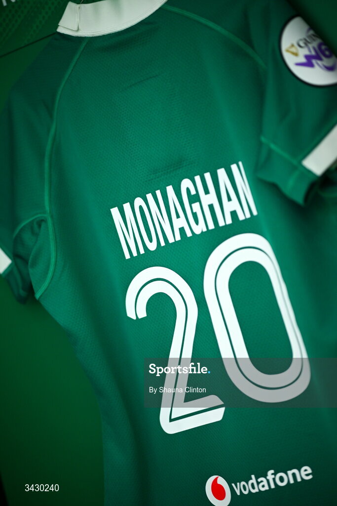 18 April 2026; The jersey of Sam Monaghan of Ireland is seen hanging in the dressing-room ahead of the Women's Six Nations Rugby Championship match between Ireland and Italy at Dexcom Stadium in Galway. Photo by Shauna Clinton/Sportsfile