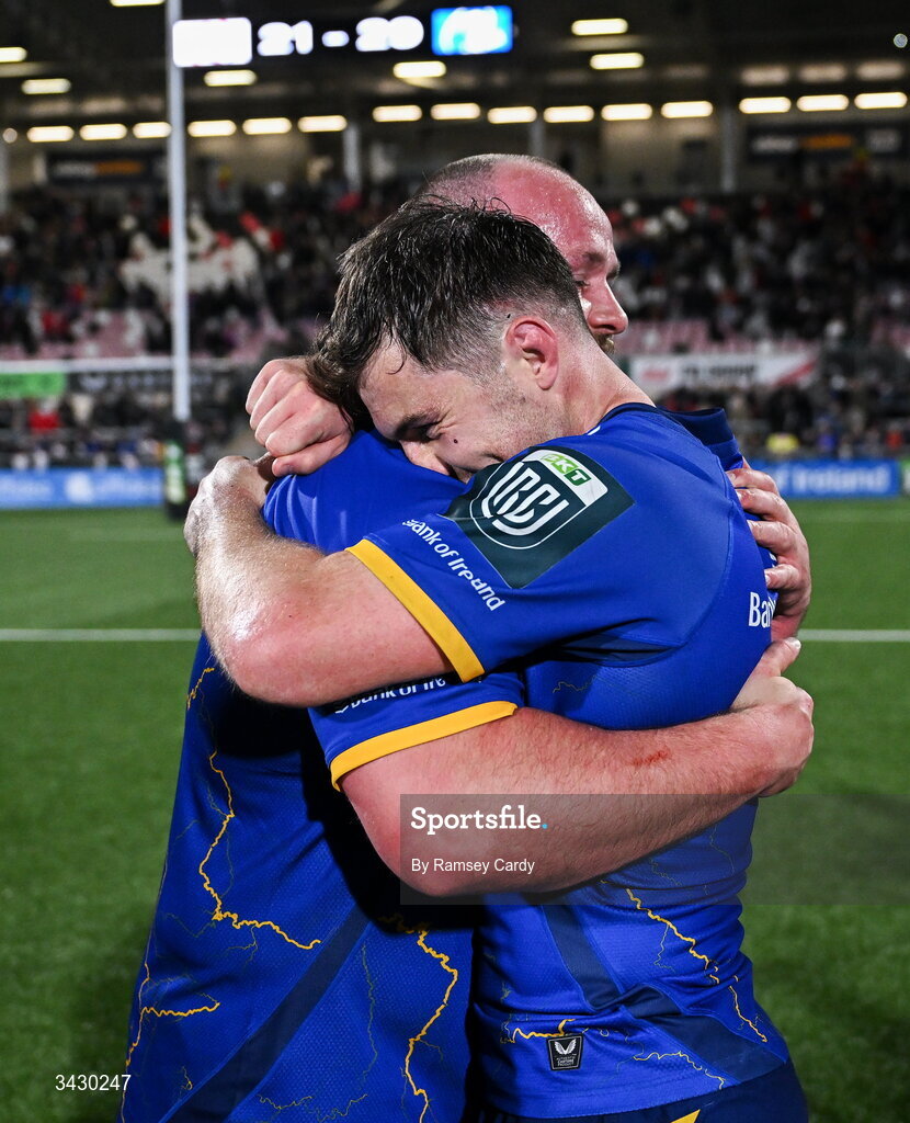 17 April 2026; Ed Byrne, left, and Luke McGrath of Leinster after the United Rugby Championship match between Ulster and Leinster at Affidea Stadium in Belfast. Photo by Ramsey Cardy/Sportsfile