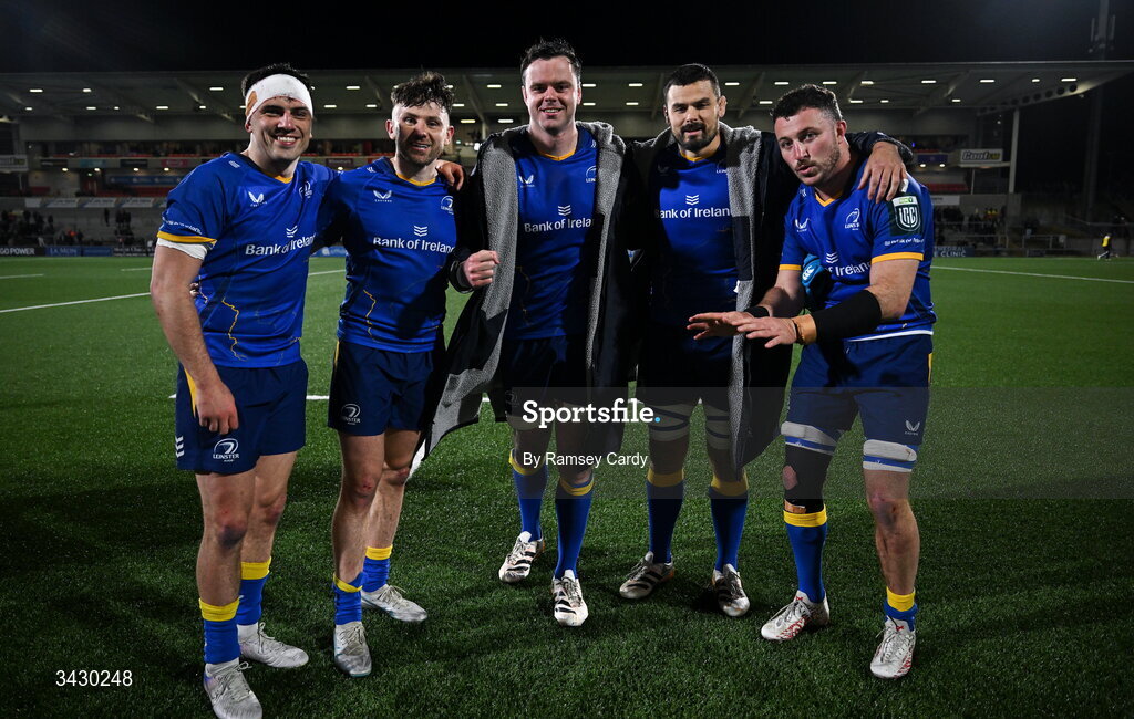 17 April 2026; Leinster players, from left, Jimmy O'Brien, Hugo Keenan, James Ryan, Max Deegan and Will Connors after the United Rugby Championship match between Ulster and Leinster at Affidea Stadium in Belfast. Photo by Ramsey Cardy/Sportsfile