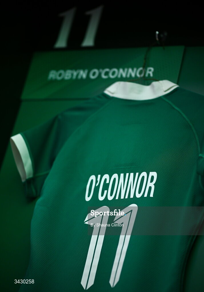 18 April 2026; The jersey of Robyn O'Connor of Ireland is seen hanging in the dressing-room ahead of the Women's Six Nations Rugby Championship match between Ireland and Italy at Dexcom Stadium in Galway. Photo by Shauna Clinton/Sportsfile