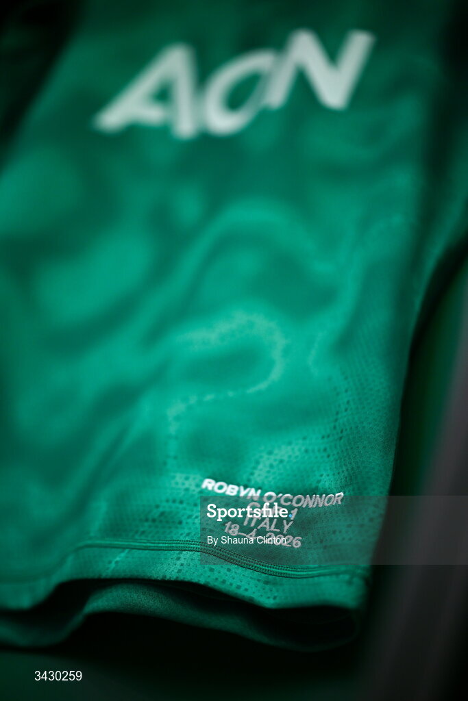 18 April 2026; The jersey of Robyn O'Connor of Ireland is seen hanging in the dressing-room ahead of the Women's Six Nations Rugby Championship match between Ireland and Italy at Dexcom Stadium in Galway. Photo by Shauna Clinton/Sportsfile