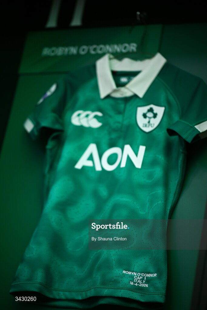 18 April 2026; The jersey of Robyn O'Connor of Ireland is seen hanging in the dressing-room ahead of the Women's Six Nations Rugby Championship match between Ireland and Italy at Dexcom Stadium in Galway. Photo by Shauna Clinton/Sportsfile
