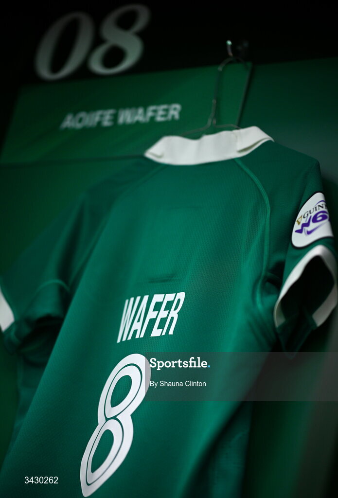 18 April 2026; The jersey of Aoife Wafer of Ireland is seen hanging in the dressing-room ahead of the Women's Six Nations Rugby Championship match between Ireland and Italy at Dexcom Stadium in Galway. Photo by Shauna Clinton/Sportsfile