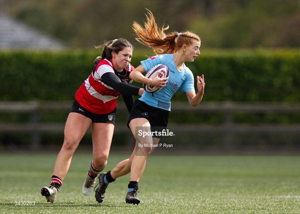 18 April 2026; Gemma Faulkner of Galwegians in action against Robyn Johnston of Wicklow during the Energia Women's All-Ireland League Conference final between Galwegians RFC and Wicklow RFC at Mullingar RFC in Mullingar, Westmeath. Photo by Michael P Ryan/Sportsfile