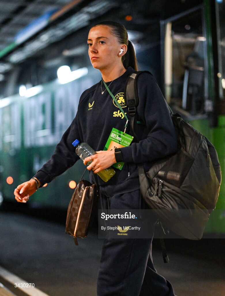 18 April 2026; Abbie Larkin of Republic of Ireland arrives before the 2027 FIFA Women’s World Cup Qualifier match between Republic of Ireland and Poland at the Aviva Stadium in Dublin. Photo by Stephen McCarthy/Sportsfile