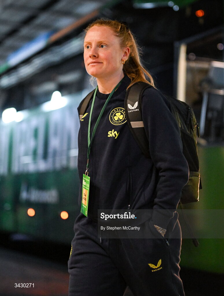 18 April 2026; Amber Barrett of Republic of Ireland before the 2027 FIFA Women’s World Cup Qualifier match between Republic of Ireland and Poland at the Aviva Stadium in Dublin. Photo by Stephen McCarthy/Sportsfile