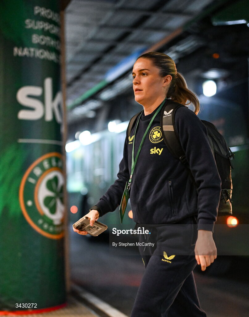 18 April 2026; Jamie Finn of Republic of Ireland arrives before the 2027 FIFA Women’s World Cup Qualifier match between Republic of Ireland and Poland at the Aviva Stadium in Dublin. Photo by Stephen McCarthy/Sportsfile