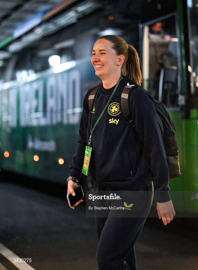 18 April 2026; Republic of Ireland goalkeeper Sophie Whitehouse arrives before the 2027 FIFA Women’s World Cup Qualifier match between Republic of Ireland and Poland at the Aviva Stadium in Dublin. Photo by Stephen McCarthy/Sportsfile