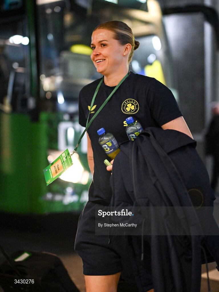 18 April 2026; Ruesha Littlejohn of Republic of Ireland arrives before the 2027 FIFA Women’s World Cup Qualifier match between Republic of Ireland and Poland at the Aviva Stadium in Dublin. Photo by Stephen McCarthy/Sportsfile