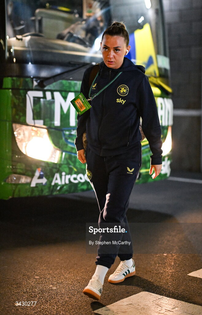 18 April 2026; Katie McCabe of Republic of Ireland arrives before the 2027 FIFA Women’s World Cup Qualifier match between Republic of Ireland and Poland at the Aviva Stadium in Dublin. Photo by Stephen McCarthy/Sportsfile