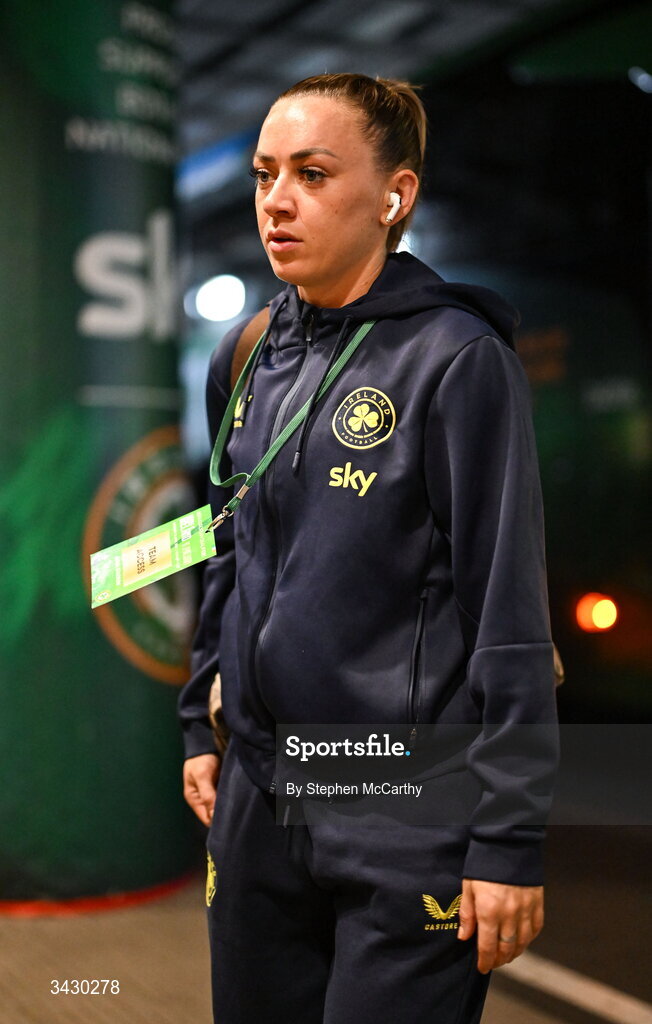 18 April 2026; Katie McCabe of Republic of Ireland arrives before the 2027 FIFA Women’s World Cup Qualifier match between Republic of Ireland and Poland at the Aviva Stadium in Dublin. Photo by Stephen McCarthy/Sportsfile