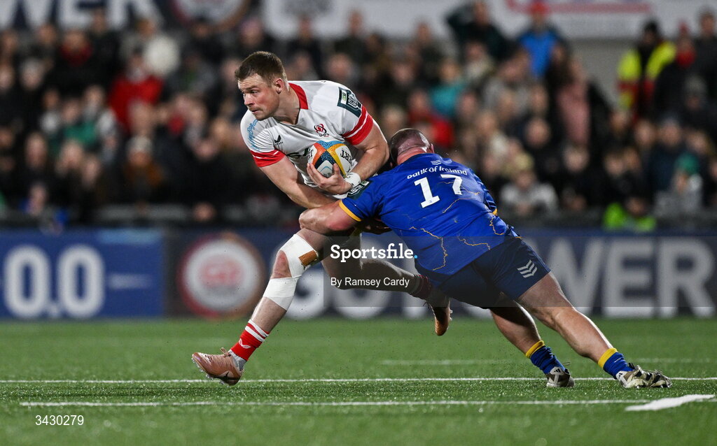 17 April 2026; Zac Ward of Ulster is tackled by Ed Byrne of Leinster during the United Rugby Championship match between Ulster and Leinster at Affidea Stadium in Belfast. Photo by Ramsey Cardy/Sportsfile