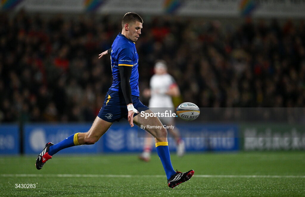 17 April 2026; Sam Prendergast of Leinster during the United Rugby Championship match between Ulster and Leinster at Affidea Stadium in Belfast. Photo by Ramsey Cardy/Sportsfile