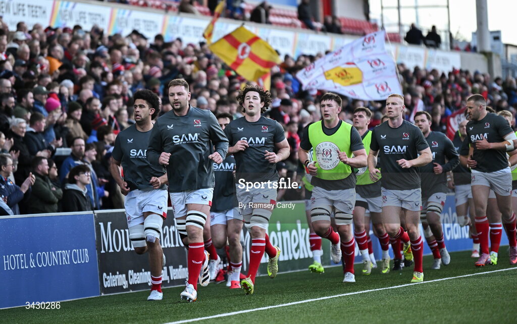 17 April 2026; The Ulster team before the United Rugby Championship match between Ulster and Leinster at Affidea Stadium in Belfast. Photo by Ramsey Cardy/Sportsfile