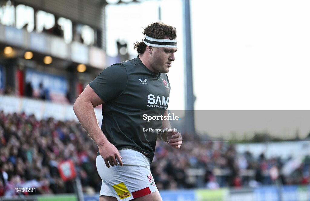 17 April 2026; Angus Bell of Ulster before the United Rugby Championship match between Ulster and Leinster at Affidea Stadium in Belfast. Photo by Ramsey Cardy/Sportsfile