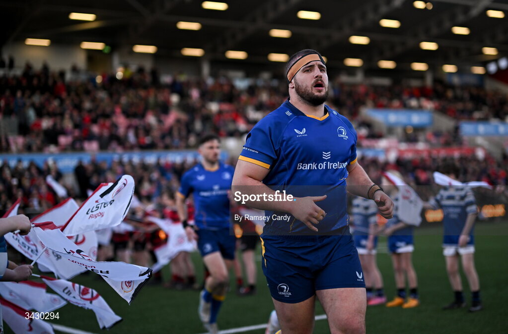 17 April 2026; Jerry Cahir of Leinster before the United Rugby Championship match between Ulster and Leinster at Affidea Stadium in Belfast. Photo by Ramsey Cardy/Sportsfile