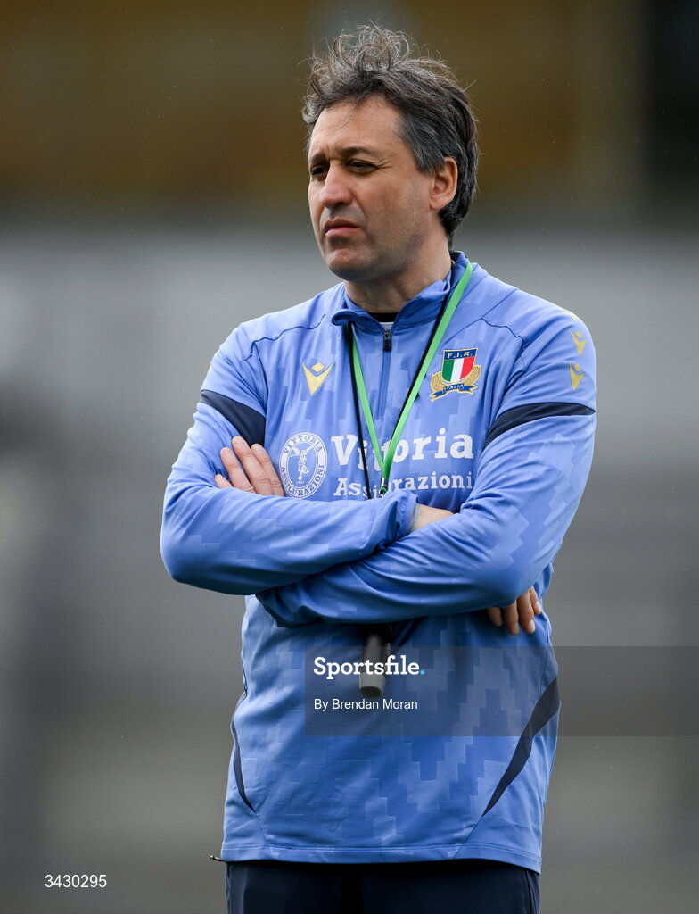 18 April 2026; Italy head coach Diego Saccà before the Women's U21 Six Nations Series match between Ireland and Italy at Dexcom Stadium in Galway. Photo by Brendan Moran/Sportsfile