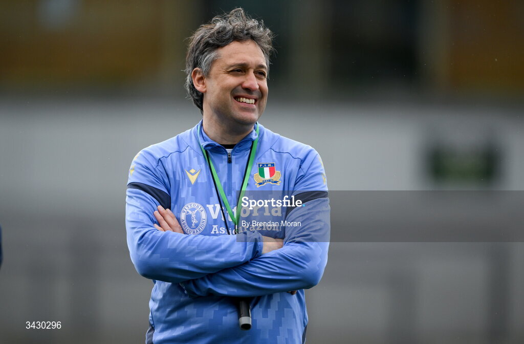 18 April 2026; Italy head coach Diego Saccà before the Women's U21 Six Nations Series match between Ireland and Italy at Dexcom Stadium in Galway. Photo by Brendan Moran/Sportsfile