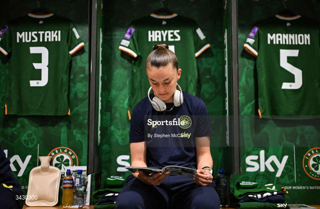 18 April 2026; Caitlin Hayes of Republic of Ireland inspects the matchday programme before the 2027 FIFA Women’s World Cup Qualifier match between Republic of Ireland and Poland at the Aviva Stadium in Dublin. Photo by Stephen McCarthy/Sportsfile