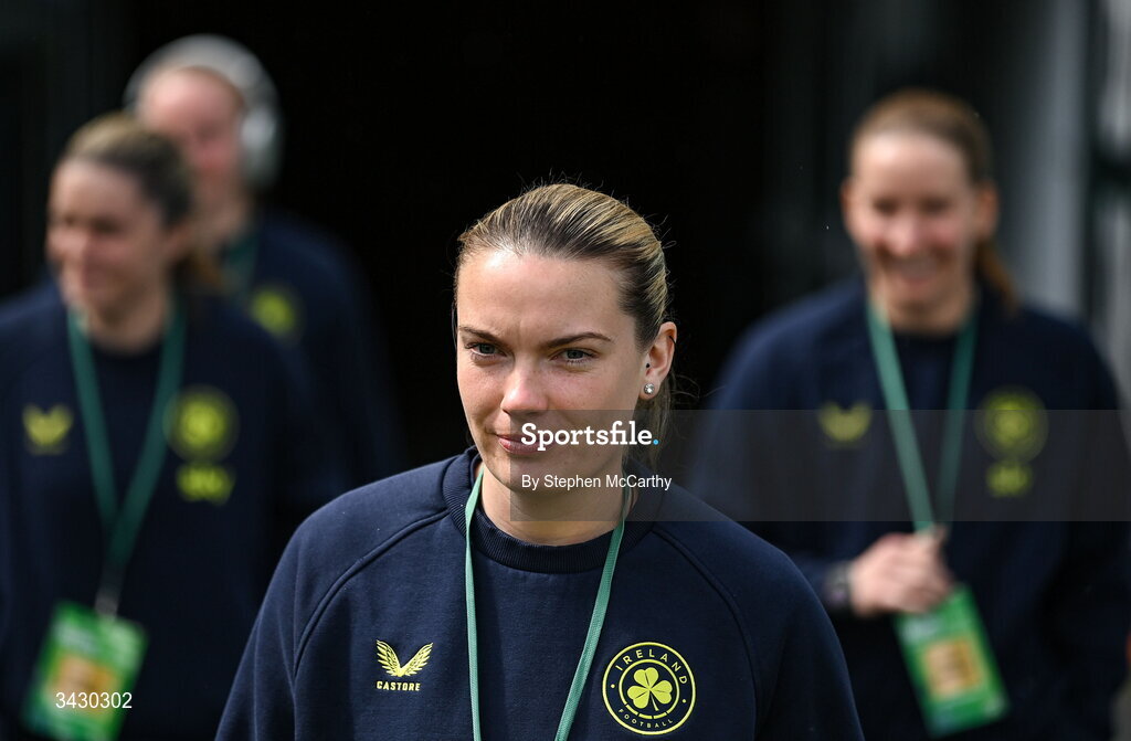 18 April 2026; Saoirse Noonan of Republic of Ireland before the 2027 FIFA Women’s World Cup Qualifier match between Republic of Ireland and Poland at the Aviva Stadium in Dublin. Photo by Stephen McCarthy/Sportsfile