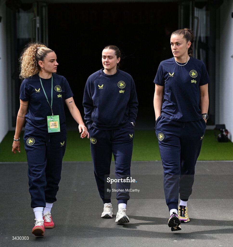 18 April 2026; Republic of Ireland players, from left, Leanne Kiernan, Tyler Toland and Caitlin Hayes before the 2027 FIFA Women’s World Cup Qualifier match between Republic of Ireland and Poland at the Aviva Stadium in Dublin. Photo by Stephen McCarthy/Sportsfile