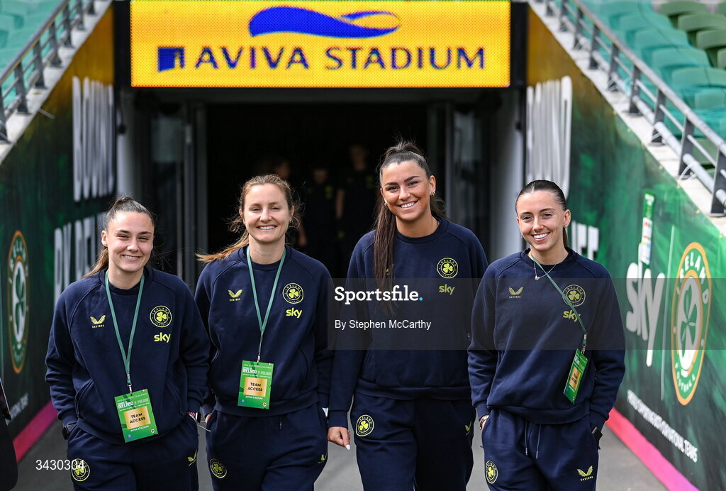 18 April 2026; Republic of Ireland players, from left, Jess Ziu, Kyra Carusa, Maria Reynolds and Abbie Larkin before the 2027 FIFA Women’s World Cup Qualifier match between Republic of Ireland and Poland at the Aviva Stadium in Dublin. Photo by Stephen McCarthy/Sportsfile