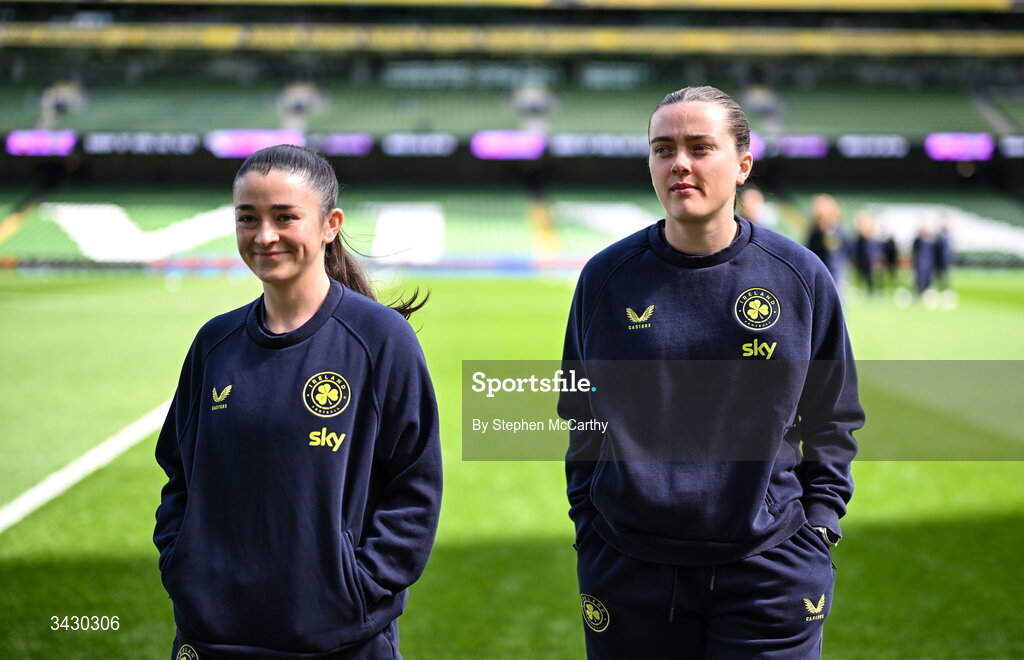 18 April 2026; Marissa Sheva, left, and Tyler Toland of Republic of Ireland before the 2027 FIFA Women’s World Cup Qualifier match between Republic of Ireland and Poland at the Aviva Stadium in Dublin. Photo by Stephen McCarthy/Sportsfile