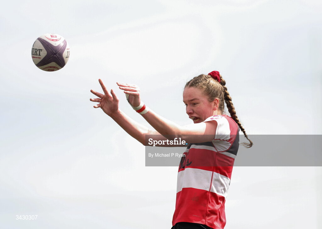 18 April 2026; Rebecca Brennan of Wicklow takes possession in a line-out during the Energia Women's All-Ireland League Conference final between Galwegians RFC and Wicklow RFC at Mullingar RFC in Mullingar, Westmeath. Photo by Michael P Ryan/Sportsfile