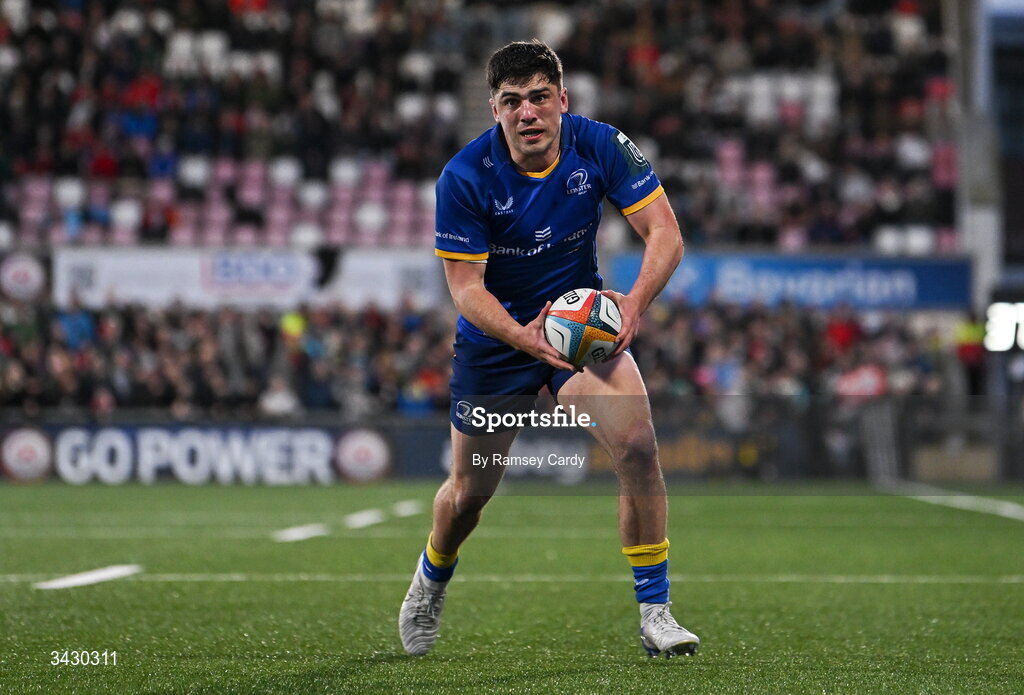 17 April 2026; Jimmy O'Brien of Leinster during the United Rugby Championship match between Ulster and Leinster at Affidea Stadium in Belfast. Photo by Ramsey Cardy/Sportsfile