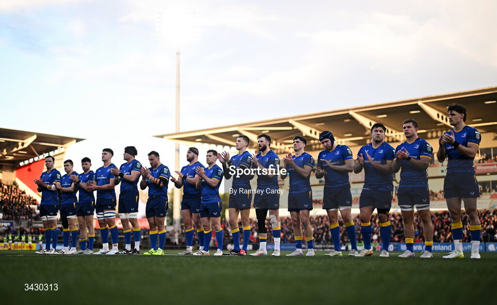 17 April 2026; The Leinster team before the United Rugby Championship match between Ulster and Leinster at Affidea Stadium in Belfast. Photo by Ramsey Cardy/Sportsfile